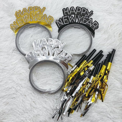 24 Pieces New Years Eve Party Supplies 2026,Happy New Year Headband Tiara,Metallic Fringed Noise Makers Gold Sliver for Kids and Adults