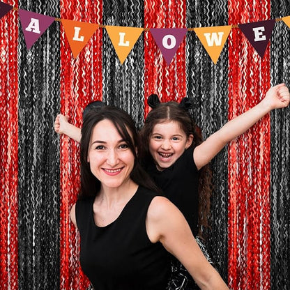 4 Pack Black Red Fringe Curtain Backdrop 3.2Ft x 8.2Ft Metallic Tinsel Foil Fringe Streamers Background for Photo Booth Mother's Day, Easter, Carnival, Birthday, Wedding Party Decoration