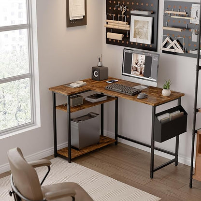 Pamray 40 Inch L Shaped Computer Desk with Reversible Side Storage Shelves, Small Corner Desk for Small Space Home Office, Writing Study Table PC Desk for Bedroom, Vintage