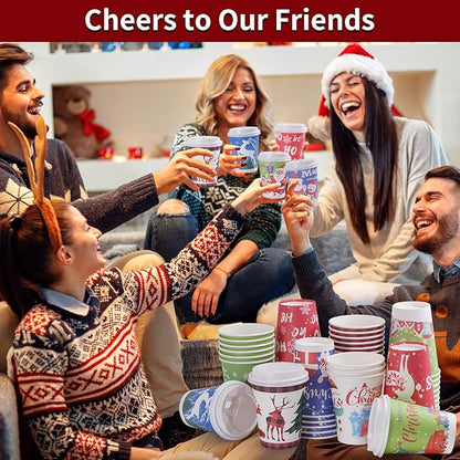 Christmas Cups with Lids and Sleeves 12oz Disposable Coffee Cups with Lids Hot Chocolate Cups 10 Designs, Christmas Paper Cups for Hot Cocoa Bar Supplies, 90 Pieces