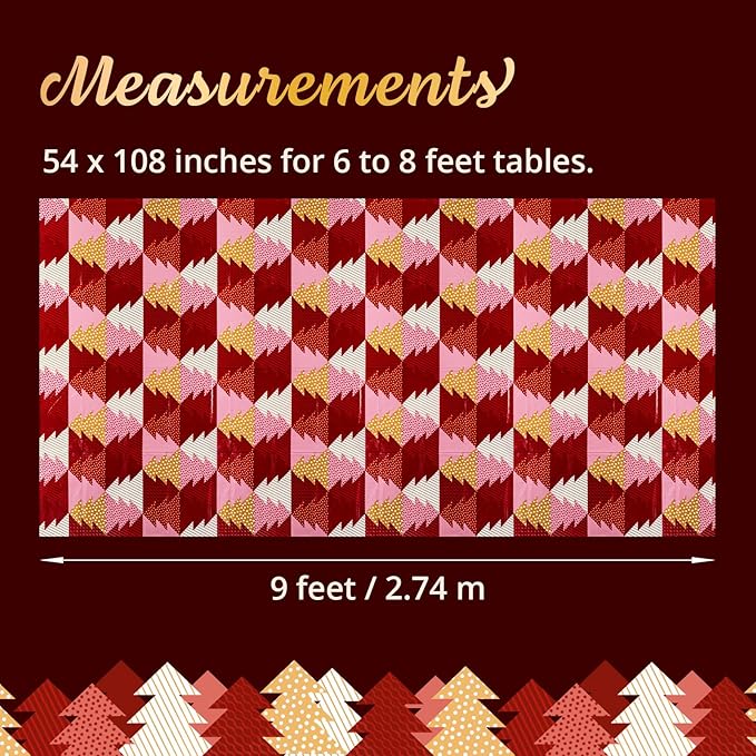 Christmas Tablecloth, 6-Pack Disposable Table Cloths, Red and Gold Christmas Tree Plastic Table Covers, 54 x 108 Inches, Xmas Party Decorations