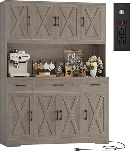 HOSTACK 71" Tall Pantry Cabinet with Charging Station, 55" Wide Kitchen Pantry Storage Cabinet with Countertop, Large Kitchen Hutch with Storage Drawers and Microwave Stand for Dining Room, Ash Grey