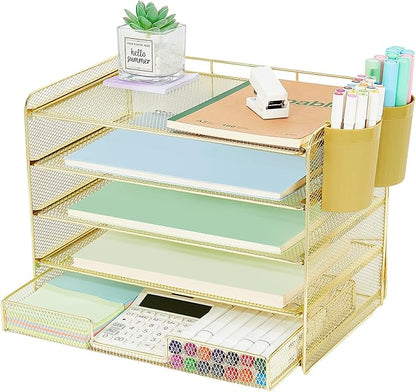 Desk Organizers and Accessories, 5-Tier Paper Letter Tray Organizer with Drawer & 2 Pen Holders, Desktop Organizer for Office Supplies (Gold)