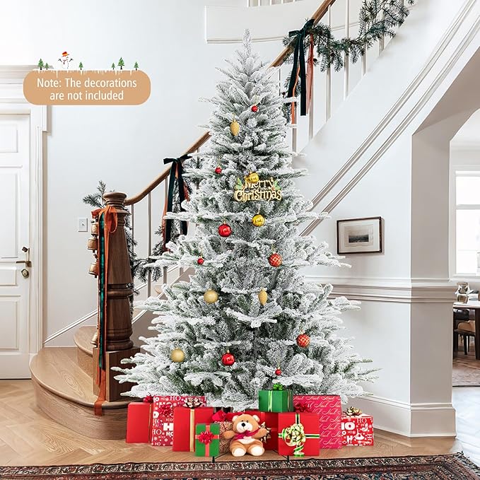 GOFLAME 7FT Pre-Lit Christmas Tree Snow Flocked, Hinged Artificial Xmas Tree with 1119 Branch Tips, 620 Cold White LED Lights, 3 Lighting Modes, Timer, Remote, Holiday Decoration Tree for Home Party
