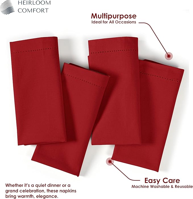 Red Cloth Napkins 18 x 18 Inch, 6 Pack - 100% Cotton, Soft, Durable, Absorbent, Washable - Hemstitch Mitered Edges - Perfect for Dinner, Parties, Events, Weddings, Everyday Use
