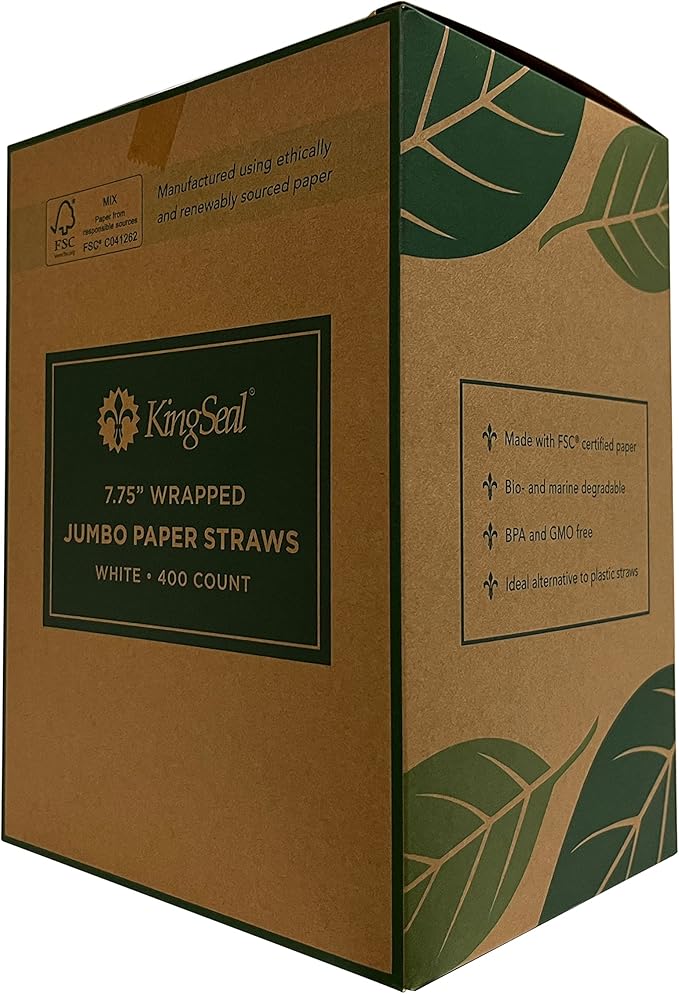 400 Count | Kingseal Disposable PAPER Drinking Straws, FSC Certified, Paper Wrapped, WHITE, 7.75 Inch Length x 6mm Diameter, "Jumbo" Size, Biodegradable, Earth Friendly, Bulk Pack - 400 Straws Per Box