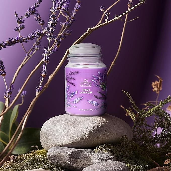 Fresh Lavender Candle 22oz Glass Jar with Wooden Wick in a Decorated Jar Within a Presentation Gift Box and Protective Shipping Box