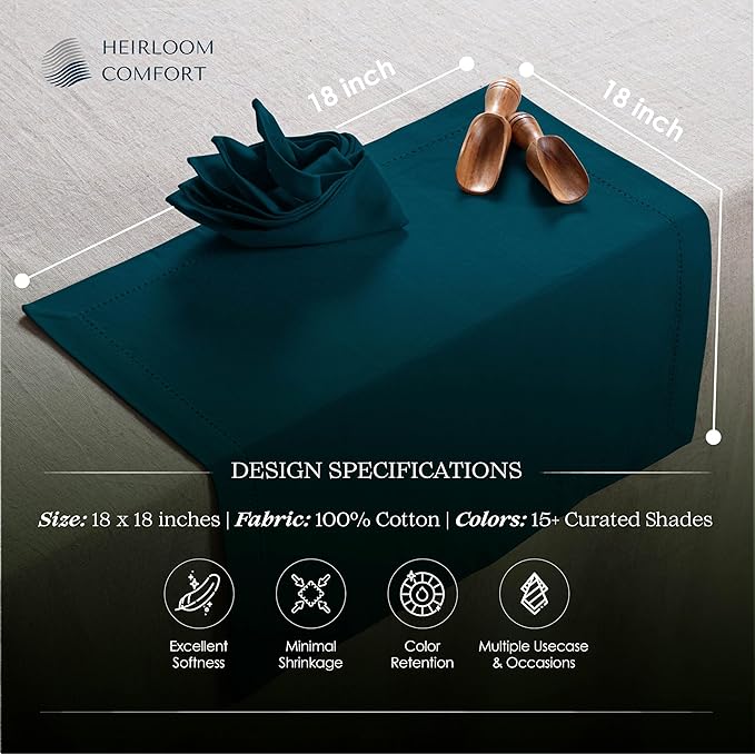 Teal Green Cloth Napkins 18x18 Inches, 6 Pack - 100% Cotton, Soft, Absorbent, Reusable, Washable - Hemstitch Mitered Edges - Ideal for Wedding, Gifts, Holiday, Party, Everyday Dining