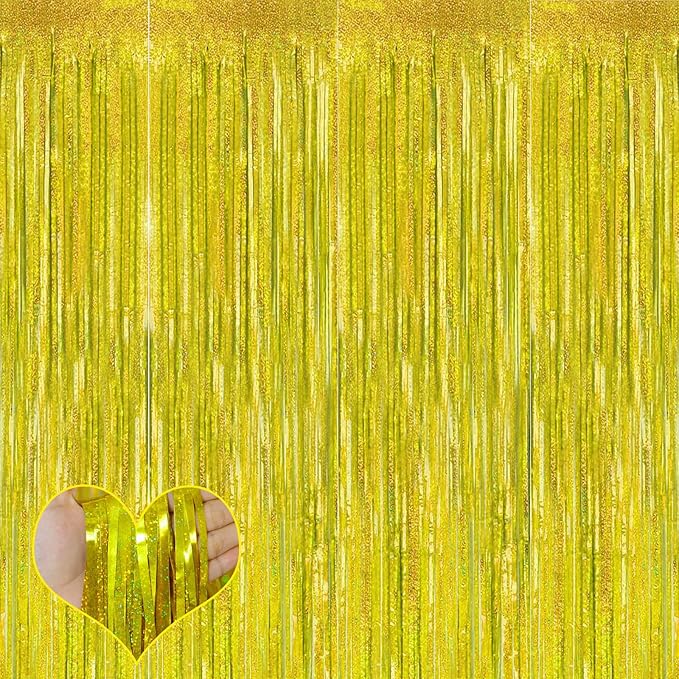 4 Pack Gold Fringe Curtain Backdrop, 3.2Ft x 8.2Ft Sparkle Metallic Tinsel Foil Fringe Streamers Background for Photo Booth Birthday Wedding Baby Shower Party Thanksgiving Christmas Decorations