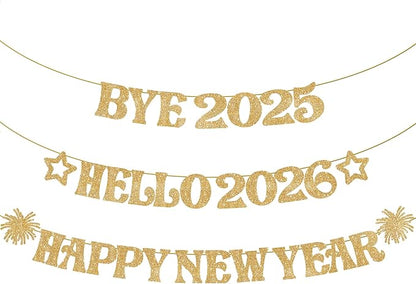 KatchOn, Glitter Gold Happy New Year Banner - 10 Feet, Bye 2025 Hello 2026 Banner | Happy New Years Decorations, Happy New Year 2026 Sign | New Years Eve Party Supplies 2026 | Nye Decorations 2026