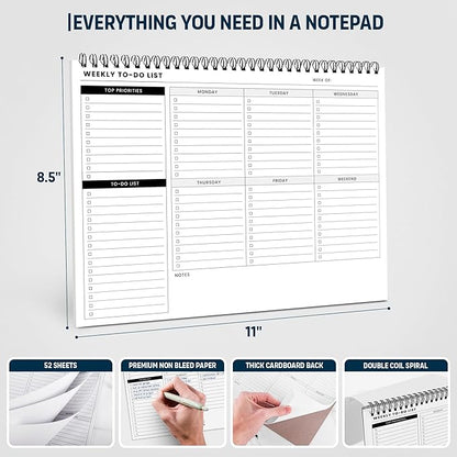 Of a Happy Kind Weekly To Do List Spiral Planner Pad - 8.5x11 52 Sheets - Desk Notepad with Multiple Sections - Undated Planning Notebook Checklist, Todo Agenda Plan