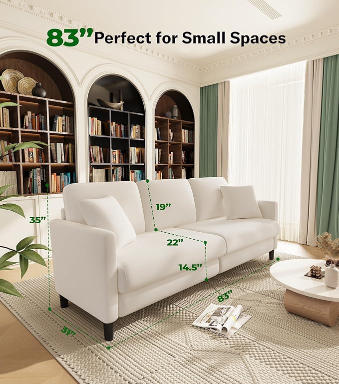 83" Couches for Living Room, Comfy Sofas for Living Room, Teddy Sofa Couch, Tool-Free Setup Loveseat Sofa, All-Wood Love Seat Couches, Small Couch 2 Pillows Included, Cream White