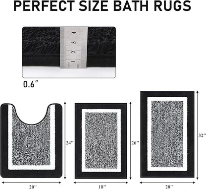 Pauwer Bathroom Rug Sets 3-Piece Shower Rugs with U-Shaped Contour Toilet Mat Absorbent Microfiber Plush Bath Mats Non Slip Machine Washable Shaggy Bathroom Floor Mats, Black