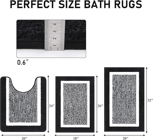 Pauwer Bathroom Rug Sets 3-Piece Shower Rugs with U-Shaped Contour Toilet Mat Absorbent Microfiber Plush Bath Mats Non Slip Machine Washable Shaggy Bathroom Floor Mats, Black