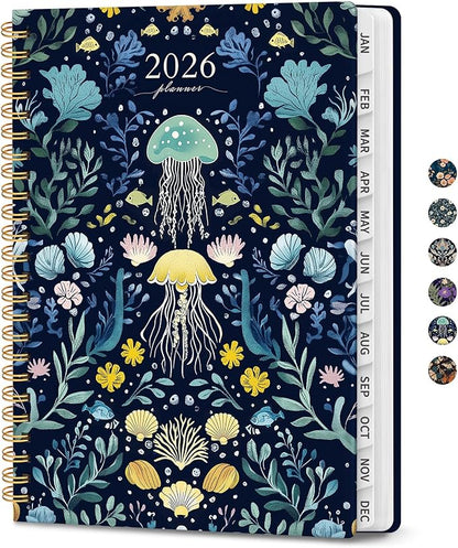 2026 Planner, Weekly and Monthly Planner for Women, Jan 2026 - Dec 2026 Pretty 2026 Calendar Planner with Monthly Tabs, Inner Pocket, Spiral Binding, Perfect for Office Home School - 6.3" x 8.5", Jellyfish Drift