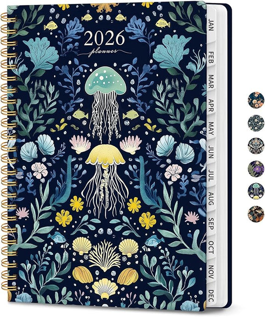 2026 Planner, Weekly and Monthly Planner for Women, Jan 2026 - Dec 2026 Pretty 2026 Calendar Planner with Monthly Tabs, Inner Pocket, Spiral Binding, Perfect for Office Home School - 6.3" x 8.5", Jellyfish Drift