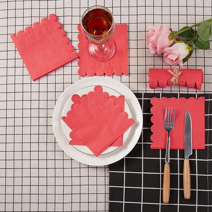 200 Pack Cocktail Napkin 2-Ply Scalloped Edged Dessert Napkins Folded 5 x 5 Inches Disposable Napkins for Dinner Wedding Birthday Party Bridal Anniversary Reception Event (Red)