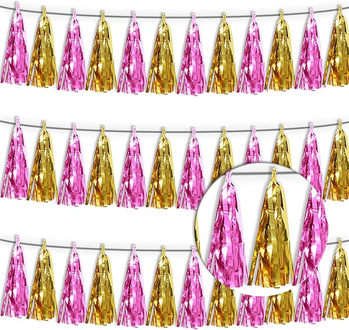 3P Gold Pink Tassel Banner Garland Metallic Foil Fringe Banner Tinsel Tassels Streamer Banner Backdrop for Parade Floats, Graduation, Wedding, Bachelorette, Birthday, Retirement Party Decorations