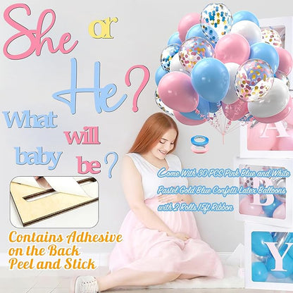 Large Wooden He or She Gender Reveal Sign Decals with 30 PCS Pink Blue Balloons 12 Inch Oh Baby Shower Sticker What Will Baby Be Backdrop Decoration Girl or Boy Sign for Pregnancy Backdrop Photo Props