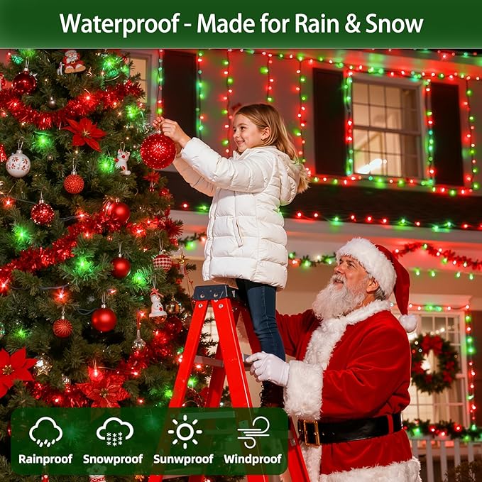 300LED Chrstmas Lights, 75ft Indoor Outdoor Christmas String Lights with 12 Modes, Red & Green ChristmasTree Lights with Timer Dimmable Connectable for Fence Garden Wedding Party Decor Red & Green