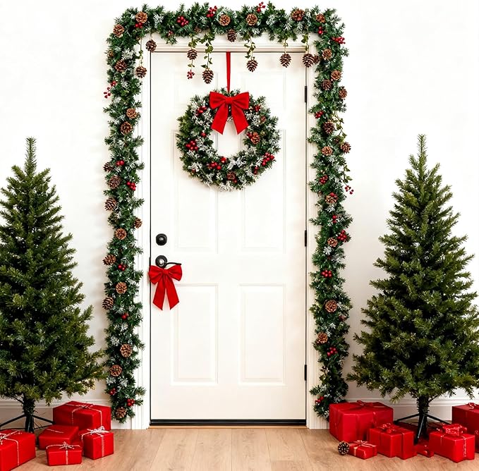 Christmas Garland with Lights, 9FT Snow Flocked Christmas Garland for Mantle, Prelit Outdoor Garlands with Red Berries and Pine Cores for Outdoor Indoor Mantle Table Stairs Fireplace Home Decor