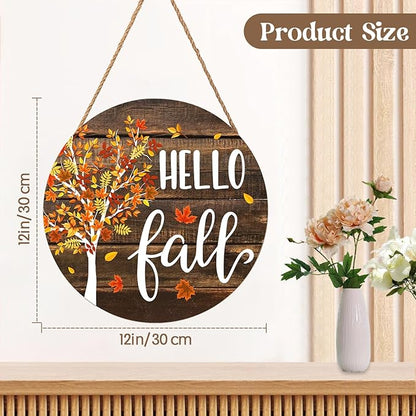 Hello Fall Wreath for Front Door Fall Tree Welcome Door Sign 12x12 Inch Autumn Maple Leaves Wood Door Hanger Farmhouse Thanksgiving Hanging Plaque for Home Porch Wall Indoor Outdoor Decorations