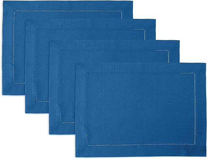 Solino Home Linen Placemats Set of 4 - Classic Hemstitch Indigo Blue Placemats 14 x 19 Inch - 100% Pure Linen Table Mats for Fall, Autumn, Christmas, Holiday, Winter, New Year