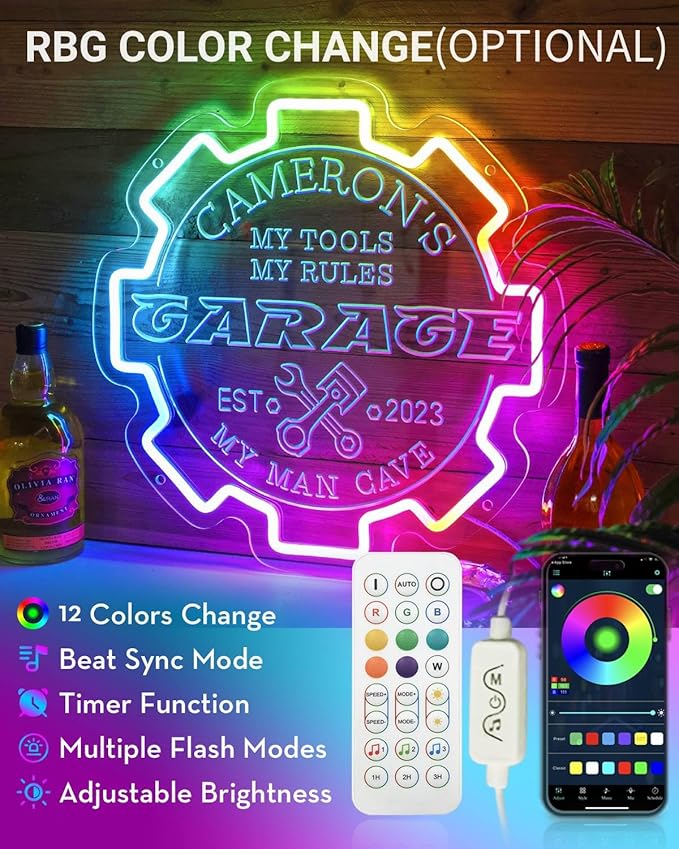 Custom Garage Neon sign for Wall Decor with Timing Remote, Personalized Gear Garage LED Neon Light for Man Cave, Home Bar, Workshop, Son Dad Birthday Gift BLUE