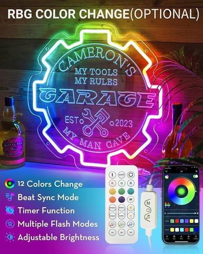 Custom Garage Neon sign for Wall Decor with Timing Remote, Personalized Gear Garage LED Neon Light for Man Cave, Home Bar, Workshop, Son Dad Birthday Gift LEMON YELLOW