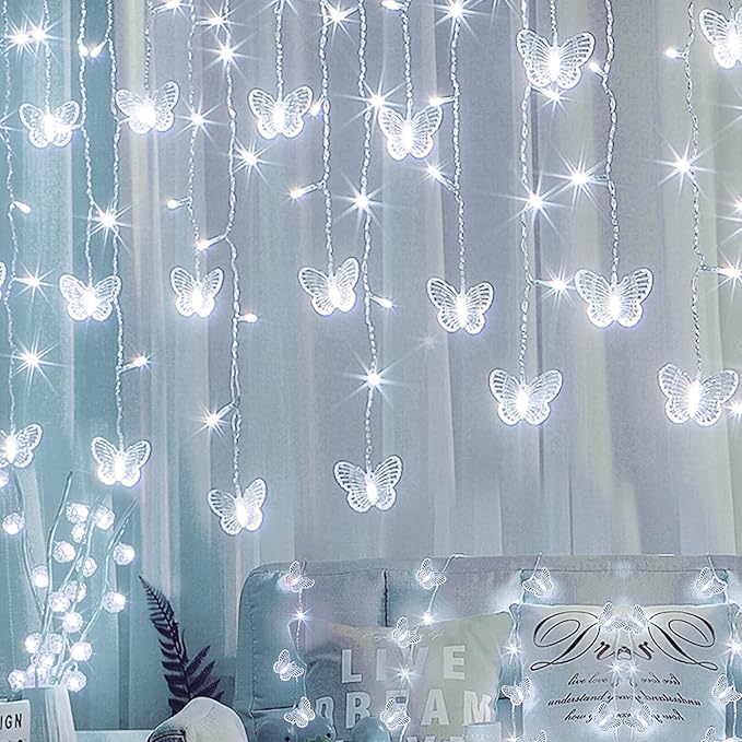 Butterfly Curtain Fairy Lights USB Plug in,120 LED 8 Modes 20FT Firefly Twinkle Icicle String Lights with Remote Timer Waterproof Copper Wire for Bedroom Patio Christmas Wedding Party Dorm(Cool White)
