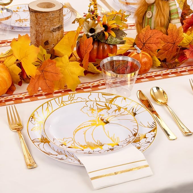 Liacere 175PCS Thanksgiving Plates- Gold Pumpkin Plastic Plates-Thanksgiving Plastic Plates and Napkins Sets Include 50 Plastic Plates,75 Thanksgiving Dinnerware，25 Gold Cups 25 Napkin