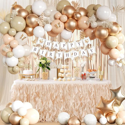 Beige Cream and Neutral Boho Birthday Party Decorations with Happy Birthday Banner, Beige Apricot Champagne Gold Balloons, Sash, Fringe Curtain, Cake Topper, Butterfly for Women Girls Party Supplies