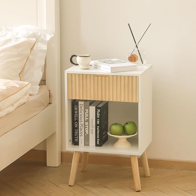 Nightstand, Modern Bedside Table with Drawer and Open Shelf, Fluted Night Stand with Solid Wood Legs for Bedroom, Living Room, Office (White Oak)