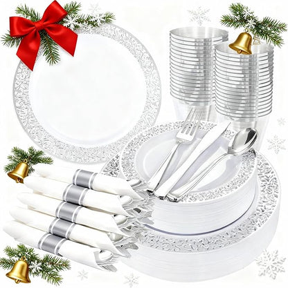 WELLIFE 175Pcs Silver Dinnerware Sets, Include:25 Dinner Plates, 25 Dessert Plates, 25 Paper Napkins, 25 Cups, 75 Silver Silverware Set for Party and Weddings