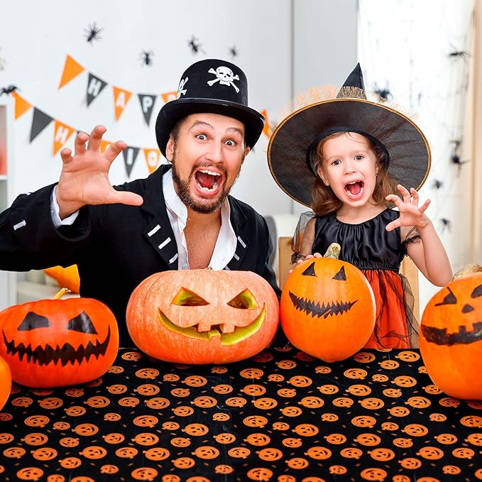 Halloween Tablecloth, 6-Pack Disposable Table Cloths, Pumpkins Plastic Covers, 54 x 108 Inches, Party Decorations