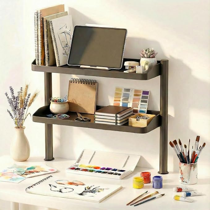 Clamp on Desk Shelf, 2-Tier Office Desk Shelves Organizer, 17in Small Shelf for Top of Desk with Headphone Holder and Hooks, Desktop Storage Rack for Home Workspace, Study Rooms, Gaming Accessories