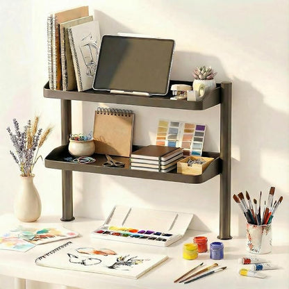 Clamp on Desk Shelf, 2-Tier Office Desk Shelves Organizer, 17in Small Shelf for Top of Desk with Headphone Holder and Hooks, Desktop Storage Rack for Home Workspace, Study Rooms, Gaming Accessories