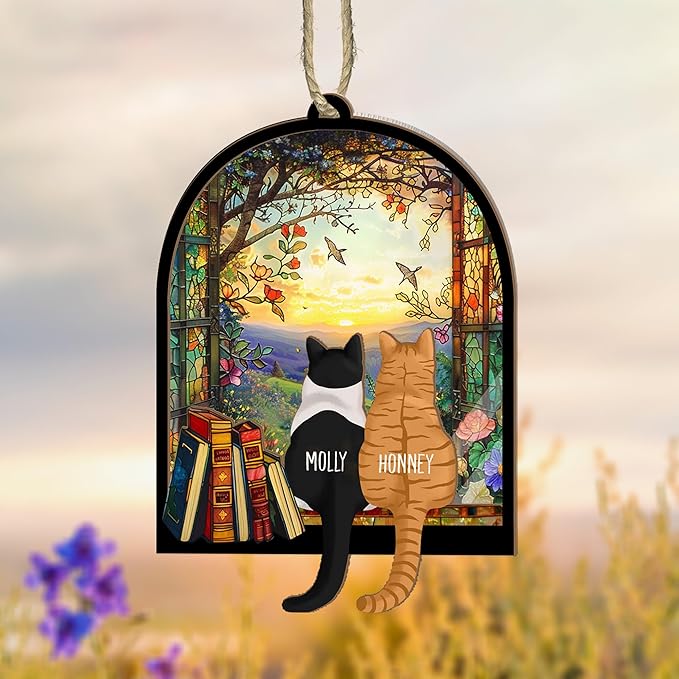 Personalized Cat Memorial Suncatcher – Custom Cat Suncatcher with Name and Breed for Up to 3 Pets, Sympathy Gift for Cat Loss, Memorial Gift for Cat Lovers