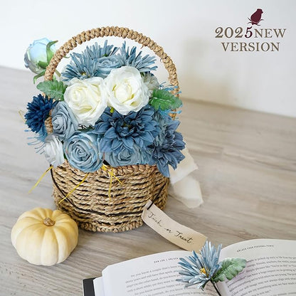 Artificial Flowers Combo Blue Flowers - Mix Silk Flowers Dahlia Roses with Stems ffor DIY Wedding Bouquets Bridal Shower Centerpieces Floral Arrangements Party Tables Home Decorations.