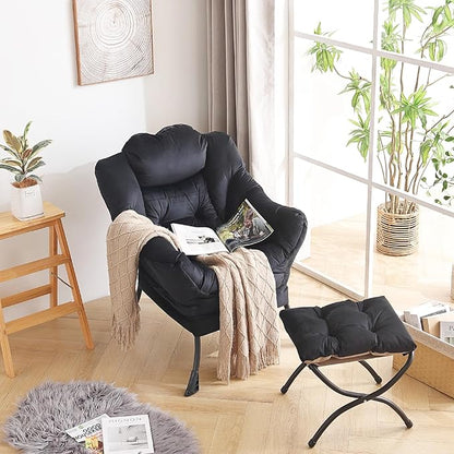 LITA Lazy Chair with Ottoman, Modern Accent Leisure Upholstered Sofa Chair, Contemporary Lounge Reading Chairs with Armrests and a Side Pocket for Living Room, Bedroom & Small Space, Black