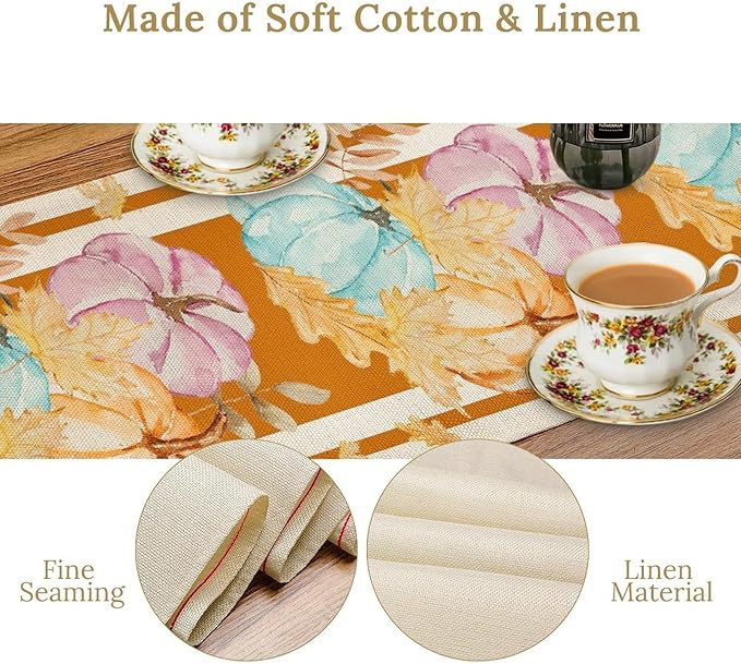 Watercolor Pumpkin Table Runner Rustic Farmhouse Autumn Plants Colorful Leaves Pastoral Harvest Theme Home Decor for Farmhouse Indoor Outdoor Party Holiday Dining Kitchen Restaurant Cafe W13xL60in