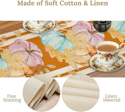 Watercolor Pumpkin Table Runner Rustic Farmhouse Autumn Plants Colorful Leaves Pastoral Harvest Theme Home Decor for Farmhouse Indoor Outdoor Party Holiday Dining Kitchen Restaurant Cafe W13xL60in