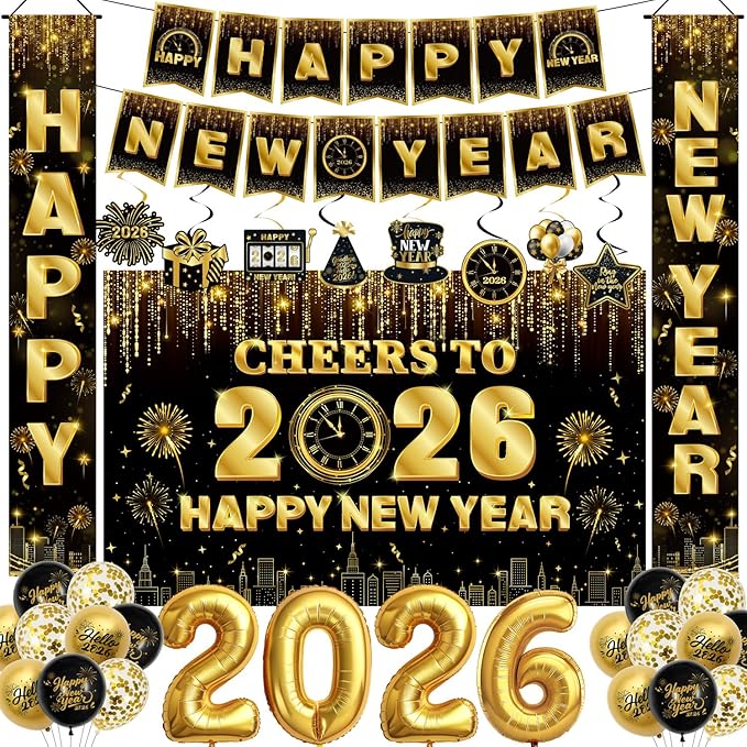 New Years Decorations 2026 - Happy New Years Eve Party Supplies Include Banner, Backdrop, Door Banner, Foil 2026 Balloons, Latex Balloons, Swirls for NYE Party Decorations