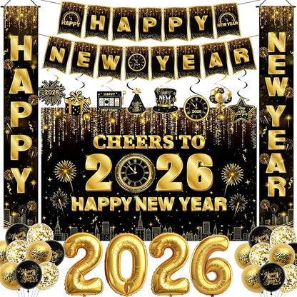 New Years Decorations 2026 - Happy New Years Eve Party Supplies Include Banner, Backdrop, Door Banner, Foil 2026 Balloons, Latex Balloons, Swirls for NYE Party Decorations