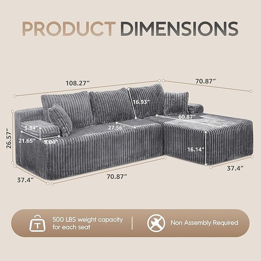 Hobestluk Modular Sectional Sofa Couches L-Shape Couch 3 Seat Modular Sofa Memory Foam Sectional Couches for Living Room, Cloud Couch with Oversized Chaise (108" Right Facing Chaise)