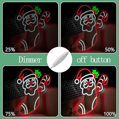Merry Christmas Neon Sign Dimmable Santa Claus In Stockings Neon Light USB Powered Holly Led Light up Sign for Christmas Eve Party New Year Home Bar（16.5 * 12.6 In）