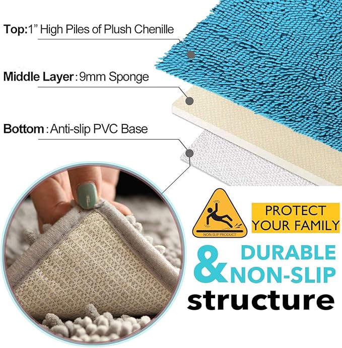 RUN HELIX Teal Blue Bathroom Rugs Bath Mats for Chenillen Rug Set 3 Piece Non-Slip Mats, Absorbent Shaggy Rugs, Machine Wash, Perfect Plush Carpets Set, 16〞x24〞&20〞x32〞&20〞x20〞U Shape