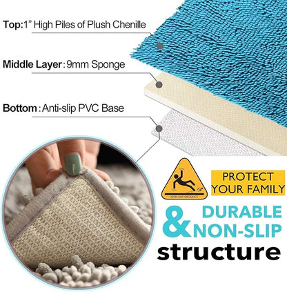 RUN HELIX Teal Blue Bathroom Rugs Bath Mats for Chenillen Rug Set 3 Piece Non-Slip Mats, Absorbent Shaggy Rugs, Machine Wash, Perfect Plush Carpets Set, 16〞x24〞&20〞x32〞&20〞x20〞U Shape