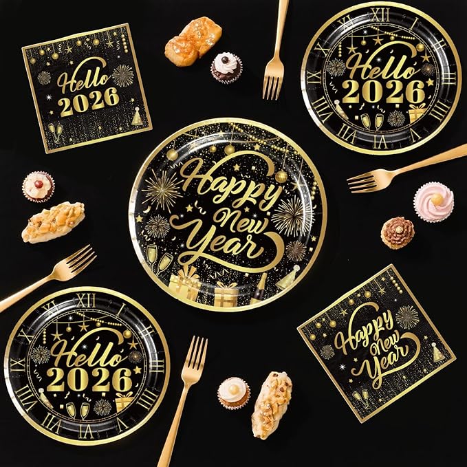New Years Decorations 2026, New Years Eve Party Banner Backdrop, Foil Balloons, Hanging Swirls, Happy New Year Plates and Napkins Gold and Black Nye Party Decorations New Year's Eve Party Supplies
