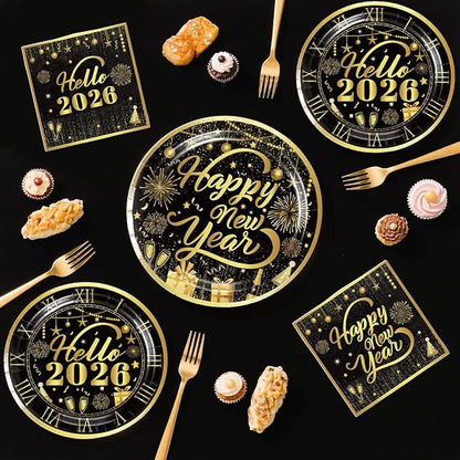 New Years Decorations 2026, New Years Eve Party Banner Backdrop, Foil Balloons, Hanging Swirls, Happy New Year Plates and Napkins Gold and Black Nye Party Decorations New Year's Eve Party Supplies
